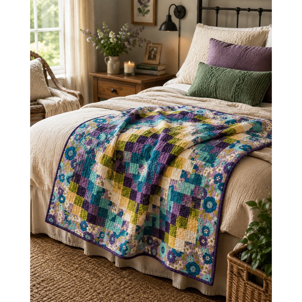 Vintage Handmade Patchwork Quilt Throw Lavender Teal Floral 40x40